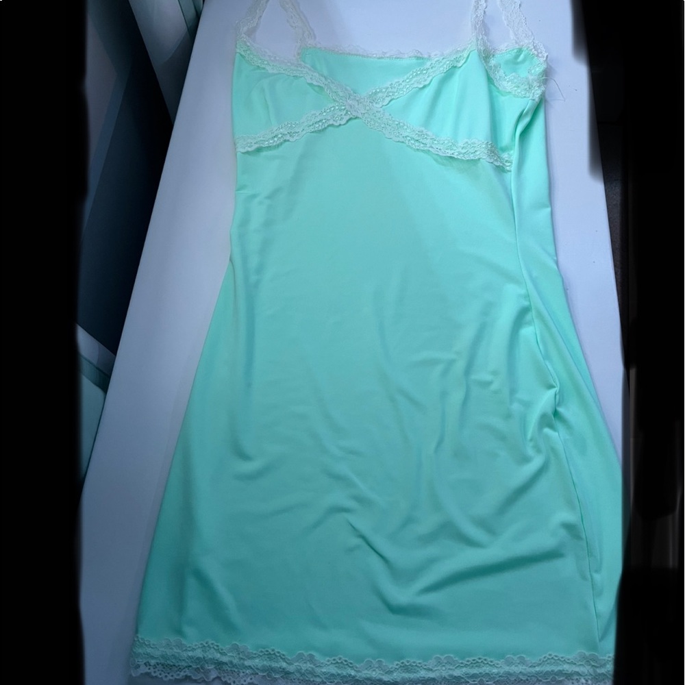 Teal blue silk dress with lace size small